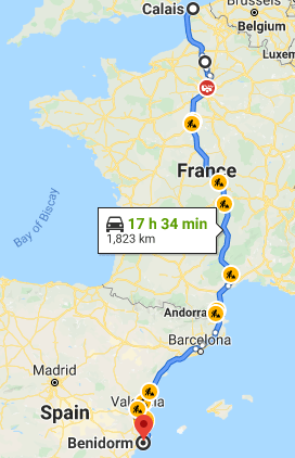 Driving Routes, France to Spain, Calais to Benidorm